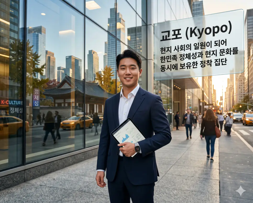 다문화가정 뜻, 재외동포 뜻, 교포 뜻: 한민족의 확장과 문화적 공존 3 교포 뜻을 설명하기 위해 외국 현지 사회의 일원으로 정착하여 한민족 정체성과 현지 문화를 동시에 보유하며 살아가는 한인 집단을 표현한 시각 자료