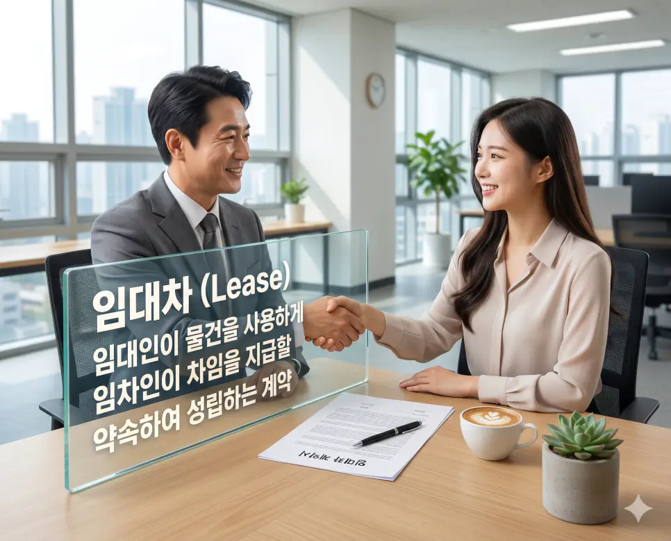 근저당 뜻, 소유권 뜻, 임대차 뜻: 부동산 계약 전 필수 법률 상식 3 임대차 뜻을 설명하기 위해 임대인과 임차인이 물건 사용과 차임 지급을 약속하며 계약을 체결하는 비즈니스 환경을 표현한 시각 자료