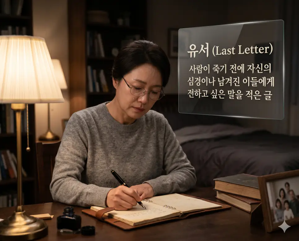 유언 뜻, 유서 뜻, 유족 뜻: 법률적 의사 표시와 마지막 심경 및 남겨진 가족 개념 정리 2 유서(Last Letter)의 정서적이고 애틋한 개념을 직관적으로 설명하기 위해, 따뜻한 스탠드 조명이 비치는 고요한 방 안에서 한 한국인 여성이 남겨진 이들에게 전하고 싶은 마지막 진심을 담아 만년필로 정성스럽게 편지지에 심경을 적어 내려가는 풍경을 근접 촬영한 고해상도 실사 이미지입니다. 죽기 전에 자신의 마음을 글로 남기는 주체적인 배웅의 모습을 인물의 몰입된 표정과 조용한 무드를 통해 한눈에 파악할 수 있도록 구현했습니다.