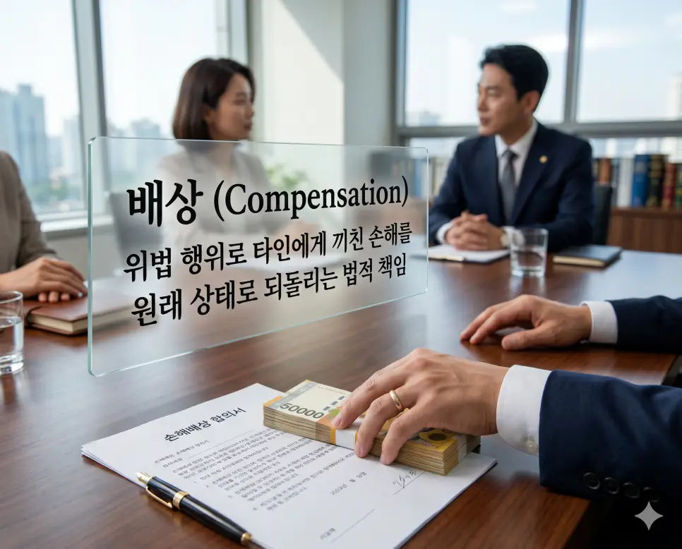 배상 뜻, 청약 뜻, 담보 뜻: 권리 구제와 계약의 안전장치 1 배상 뜻을 설명하기 위해 위법 행위로 입은 손해를 금전 등으로 갚아 원래의 상태로 되돌리는 법적 책임을 초정밀 실사로 시각화한 이미지