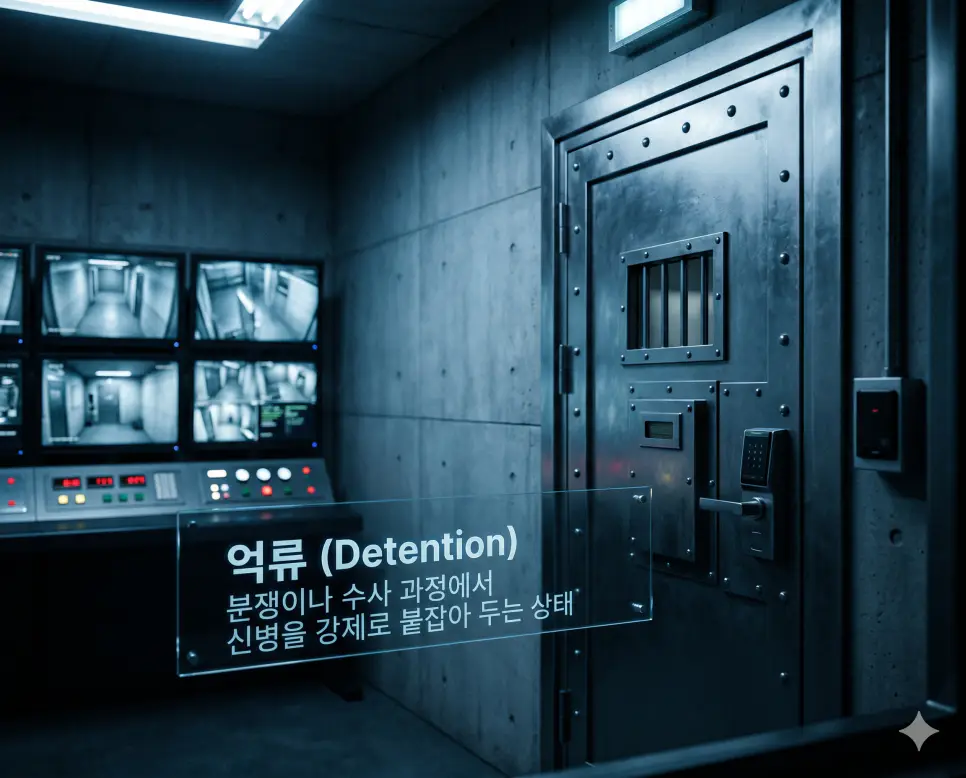 억류 뜻을 설명하기 위해 보안이 강화된 시설 내 일시적인 대기 장소를 묘사한 실사 이미지