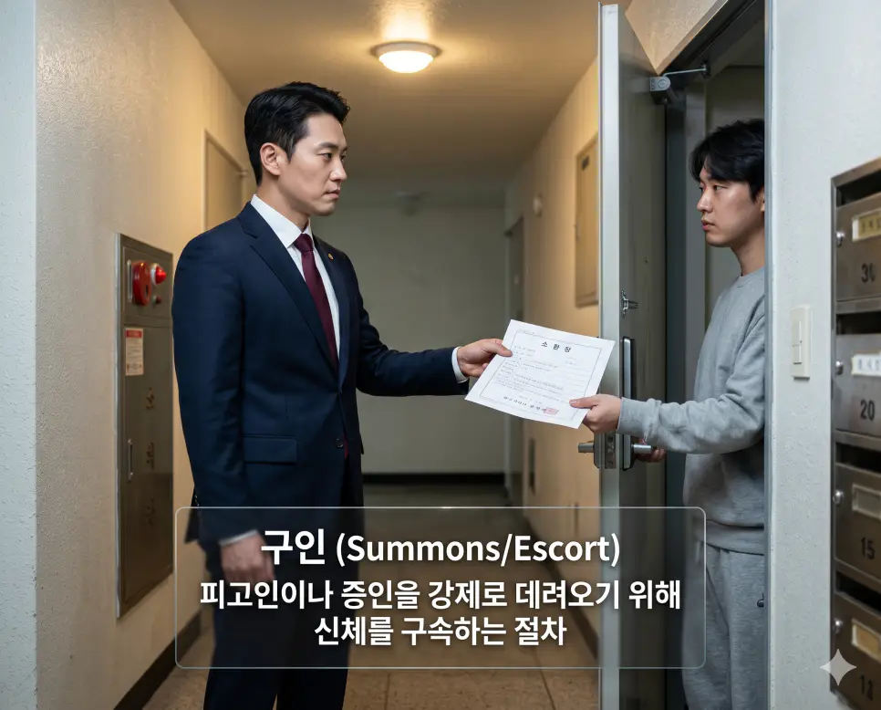 구류 뜻, 구인 뜻, 연행 뜻: 경미 범죄 유치장 구금과 강제 출석 절차 및 수사 기관 동행 확인 2 구인 뜻을 시각화하기 위해 법적 의무를 이행하지 않은 인물을 강제로 법정에 세우기 위해 출석 요구서를 집행하는 엄중한 현장을 포착한 8k 실사 사진