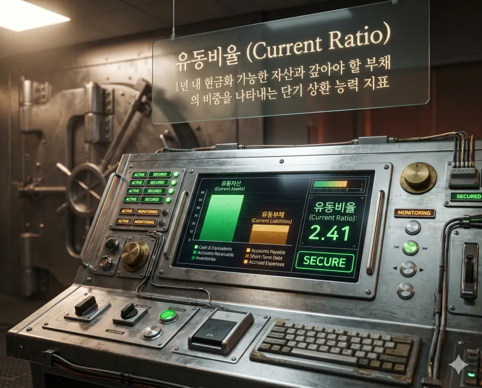 대차대조표 뜻, 유동비율 뜻, 멀티플 뜻: 재무 상태와 기업 가치 판단하기 2 유동비율 뜻을 시각화하기 위해 기업이 1년 이내에 현금화할 수 있는 자산과 단기 부채 상환 능력을 금고의 제어판 인터페이스로 담은 초정밀 실사 이미지
