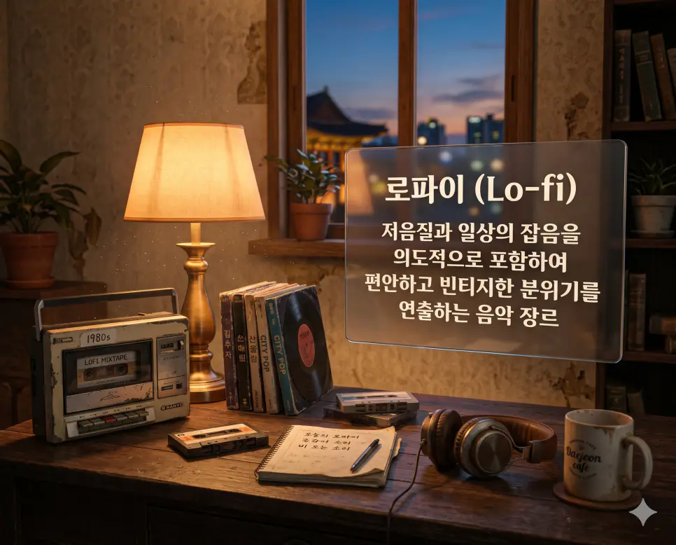 로파이 뜻을 설명하기 위해 저음질과 일상의 잡음을 의도적으로 포함하여 편안하고 빈티지한 분위기를 연출하는 음악 장르를 초정밀 실사로 시각화한 이미지