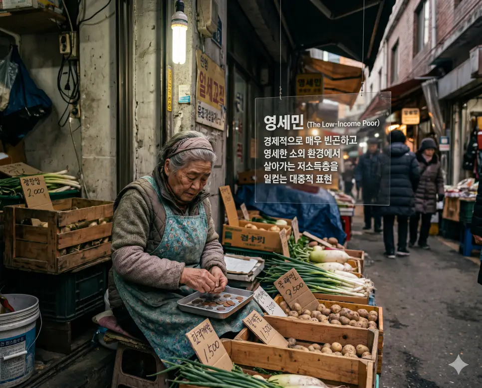 주거급여 수급자 뜻, 기초 수급자 뜻, 영세민 뜻: 복지 안정 지원과 최저생계비 저소득층 개념 총정리 3 영세민의 대중적·사회적 개념을 즉각적으로 인지할 수 있도록, 세월의 흔적이 묻어나는 좁은 골목길 노점 매장 안에서 경제적으로 매우 빈곤하고 영세한 환경에 놓인 고령의 한국인 여성 상인이 낡은 앞치마를 두른 채 채소 상자 옆 책상 위에서 하루 동안 힘들게 모은 잔돈 동전들을 무거운 표정이면서도 강인한 의지로 하나씩 세어 나가는 모습을 묘사한 고해상도 실사 이미지입니다. 법정 제도를 넘어 사회 밑바닥에서 영세하게 살아가는 저소득 계층 소시민의 고단한 삶의 본질을 인물의 생생한 표정과 서사적 일상 환경을 통해 직관적으로 시각화했습니다.