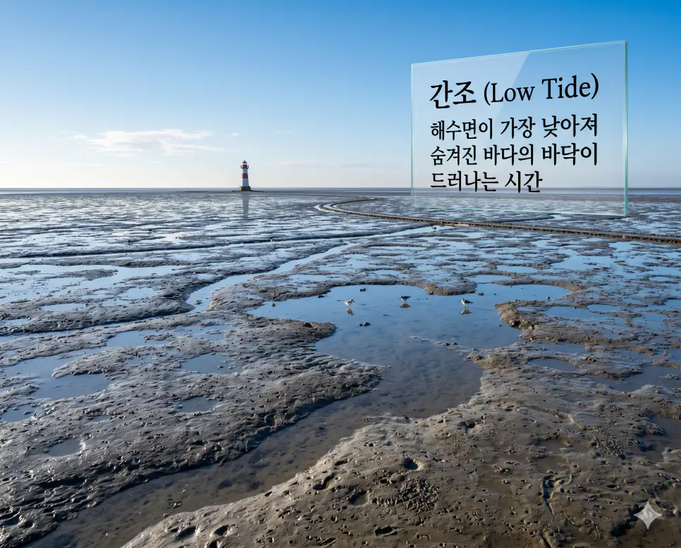 사리 뜻, 대조 뜻, 간조 뜻: 밀물과 썰물의 차이가 가장 커지는 조석 현상 분석 3 간조 뜻을 정의하기 위해 바닷물이 빠져나가 끝없이 펼쳐진 갯벌과 그 위를 비추는 아침 햇살을 담은 실사 이미지