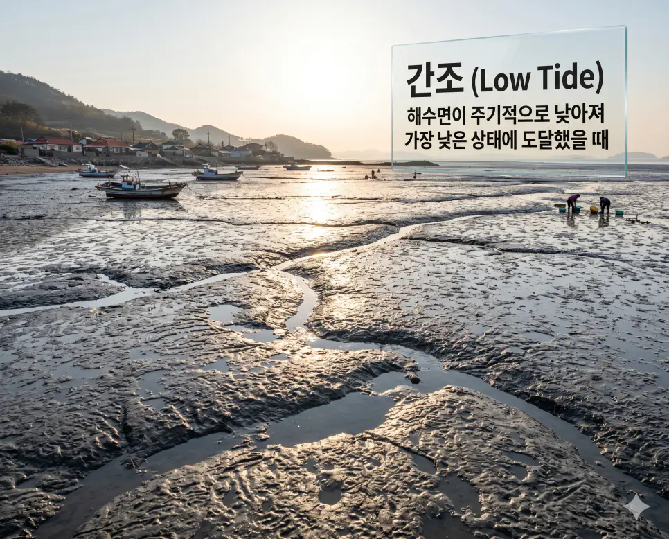 간조 뜻을 시각화하기 위해 바닷물이 가장 많이 빠져나가 넓은 갯벌이 드러난 서해안 해안가의 극사실주의 실사 이미지