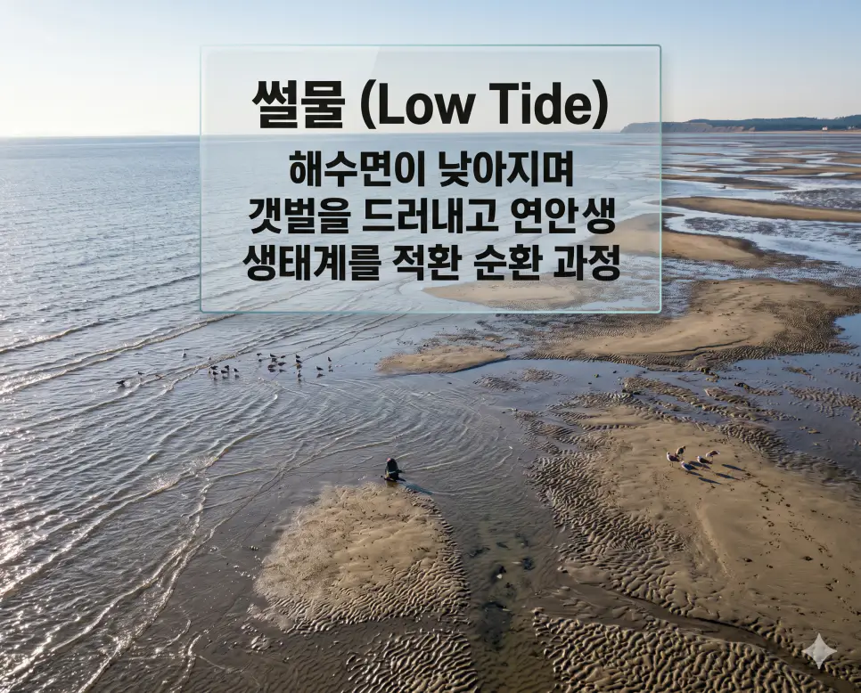 썰물 뜻을 정의하기 위해 바닷물이 빠져나간 뒤 끝없이 펼쳐진 광활한 갯벌과 생태계의 정화 과정을 담은 실사 이미지