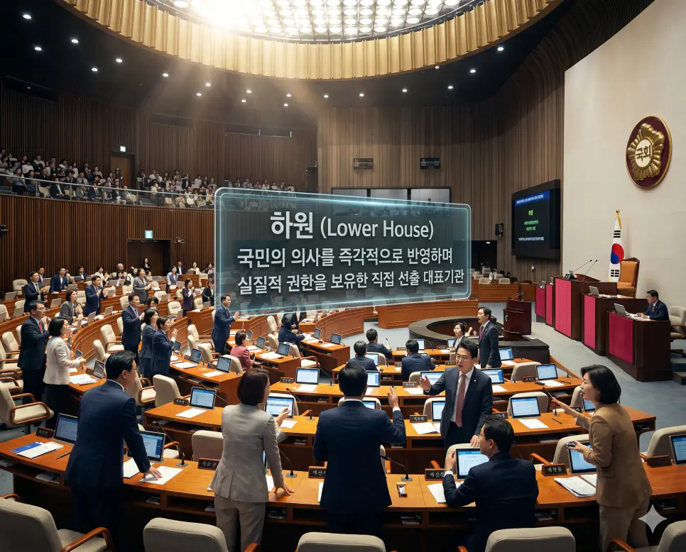 삼권분립 뜻, 하원 뜻, 조례 뜻: 민주주의의 균형과 지방 자치의 법규 2 하원 뜻을 시각화하기 위해 국민의 의사를 즉각적으로 반영하는 직접 선출 대표 기관이 실질적인 권한을 행사하며 토론하는 장면을 담은 이미지
