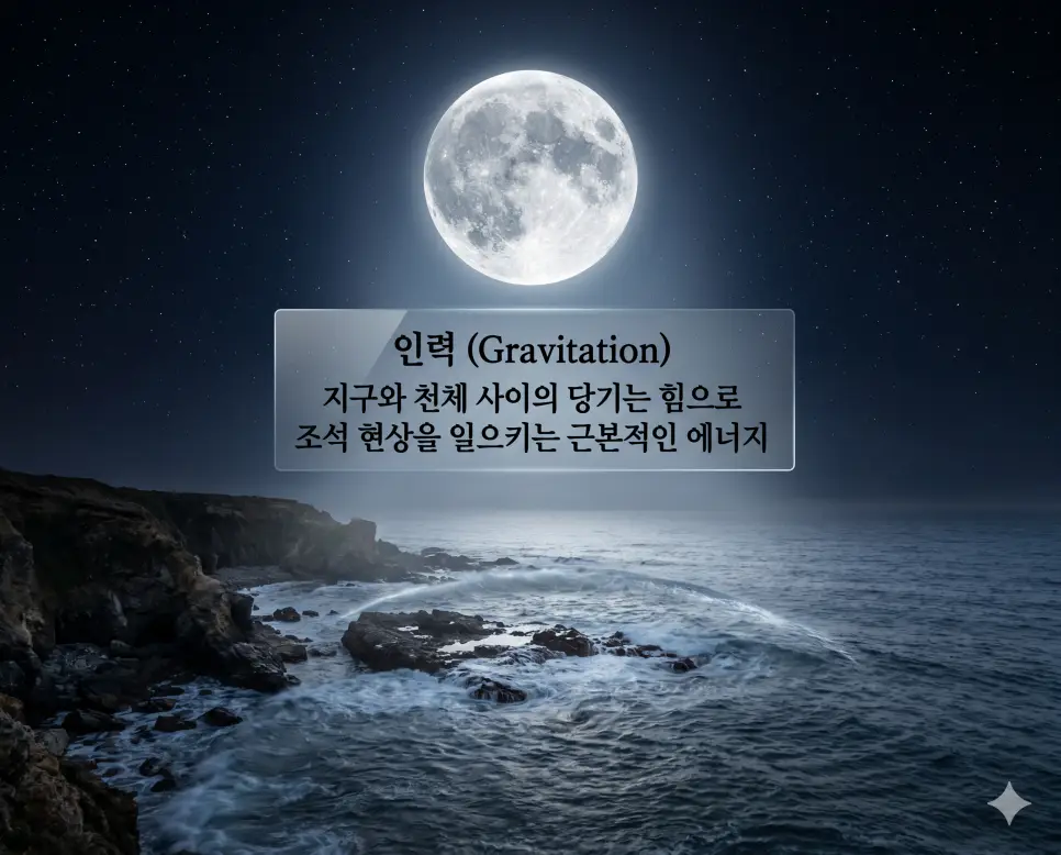 인력 뜻을 정의하기 위해 밤바다 위로 떠오른 달의 중력이 해수면을 끌어당기는 신비로운 우주적 원리를 담은 실사 이미지