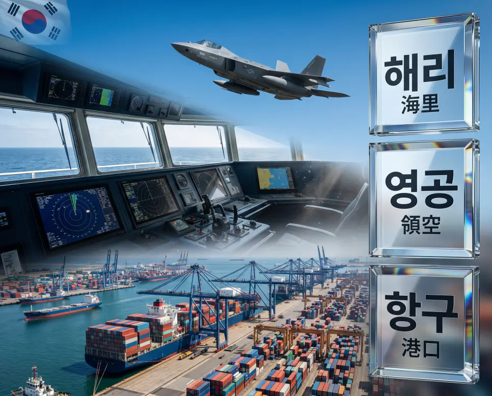 해리, 영공, 항구 등 국가 안보와 경제의 핵심 개념들을 입체적으로 분석하는 프리미엄 비주얼 포스터 이미지