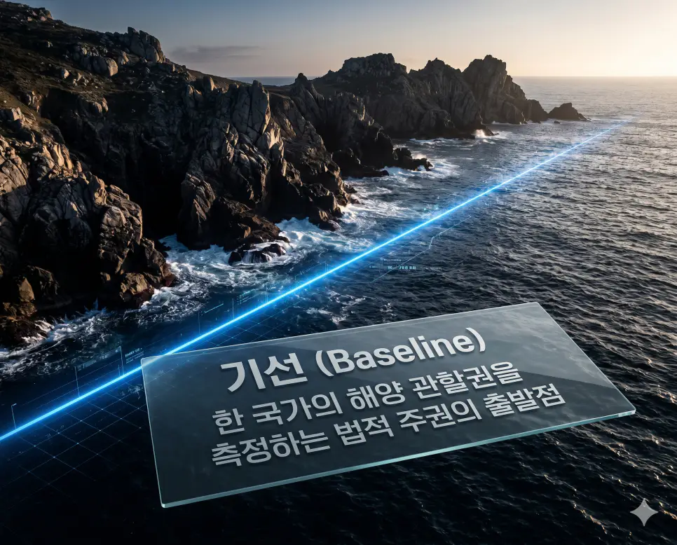 운하 뜻, 만 뜻, 기선 뜻: 물류 혁명의 통로와 해양 주권의 기준 전격 분석 3 기선 뜻을 정의하기 위해 해안선을 따라 설정된 법적 주권의 경계선을 디지털로 시각화한 실사 이미지