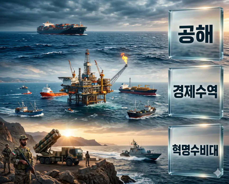 국제 해양법의 핵심인 공해, 배타적 경제수역과 중동의 이란혁명수비대 정보를 한눈에 분석하는 프리미엄 비주얼 포스터 이미지