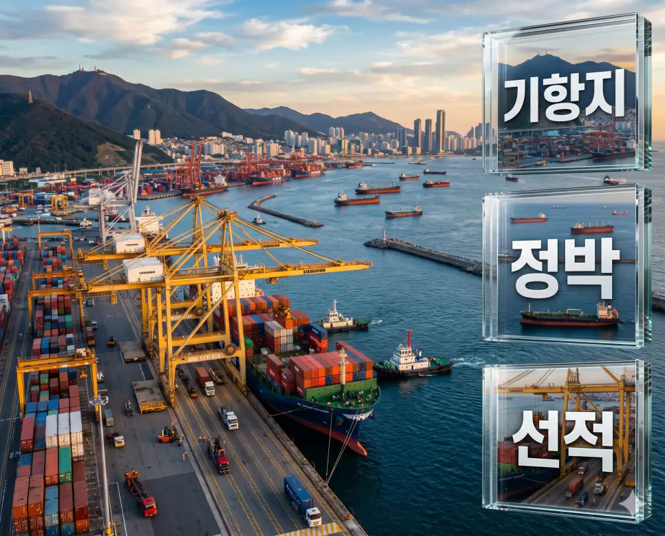 해상 물류의 흐름인 기항지, 정박, 선적의 전 과정을 입체적으로 분석하는 프리미엄 비주얼 전략 포스터 이미지