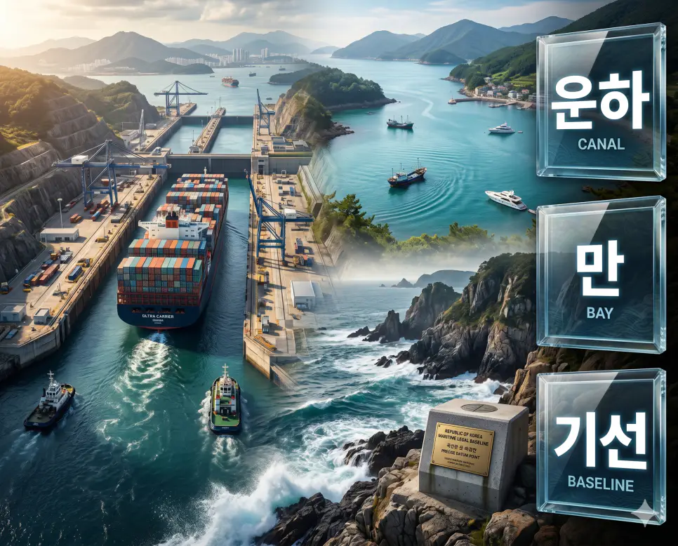 운하 뜻, 만 뜻, 기선 뜻: 물류 혁명의 통로와 해양 주권의 기준 전격 분석 4 물류의 통로인 운하, 천혜의 요충지 만, 주권의 기준인 기선의 차이를 분석하는 프리미엄 비주얼 전략 포스터 이미지