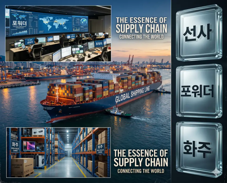 해상 물류의 핵심 주체인 선사, 포워더, 화주의 역할과 관계를 한눈에 분석하는 프리미엄 비주얼 전략 포스터 이미지
