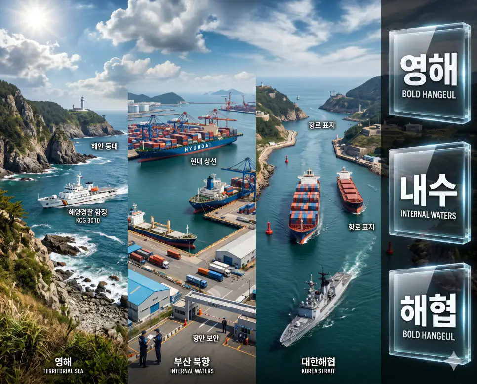 영해 뜻, 내수 뜻, 해협 뜻: 국가 주권이 미치는 바다의 경계와 전략적 요충지 분석 4 국가 주권의 핵심인 영해, 내수, 해협의 차이점을 한눈에 비교 분석하는 고품격 비주얼 전략 포스터 이미지
