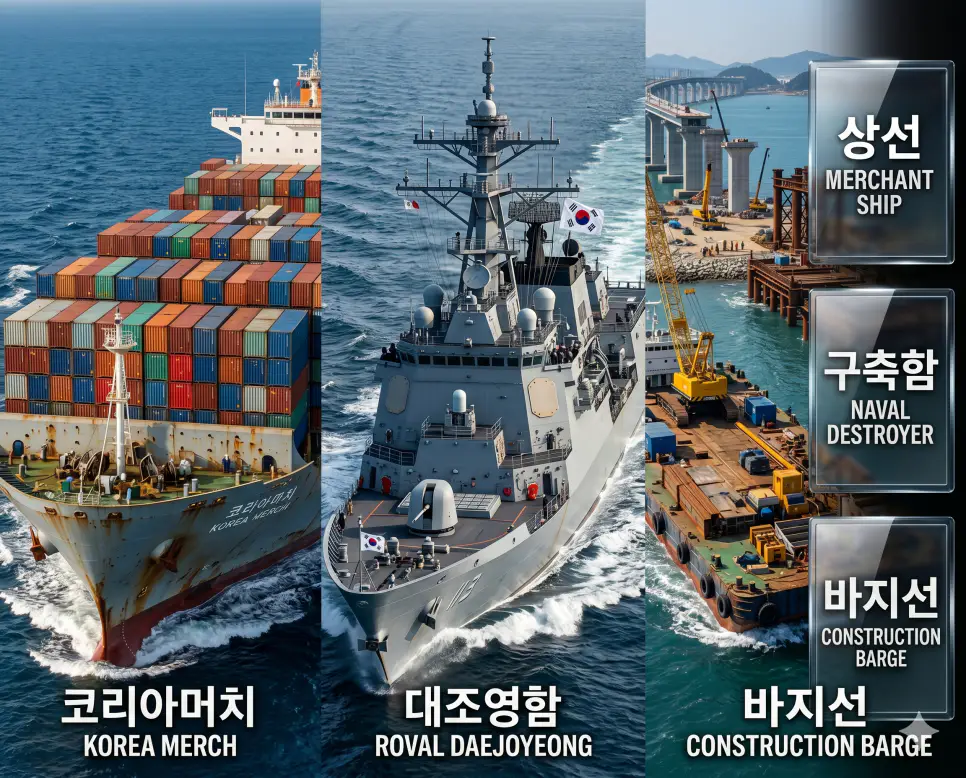 한국인 전문가와 함께 상선, 구축함, 바지선의 구조적 특징과 해양 산업 및 국방에서의 역할을 분석하여 국가 해양 경쟁력의 핵심 요소를 진단하는 역대급 비주얼 포스터 이미지