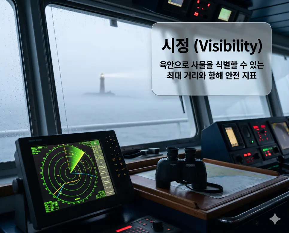 시정 뜻, 풍속 뜻, 황해 뜻: 해상 안전 기상 요소와 서해의 지리적 특징 분석 1 시정 뜻을 설명하기 위해 안개가 낀 바다 위에서 레이더와 망원경으로 전방 사물을 식별하는 항해사의 시점 실사 이미지