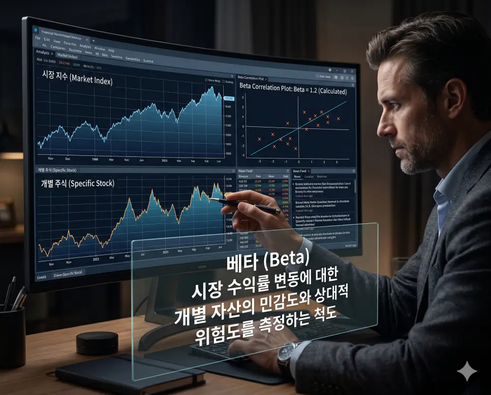 베타 뜻을 설명하기 위해 전체 주식 시장의 수익률 변동에 대한 개별 자산의 상대적 위험도와 민감도를 측정하는 과정을 시각화한 극초실사 이미지