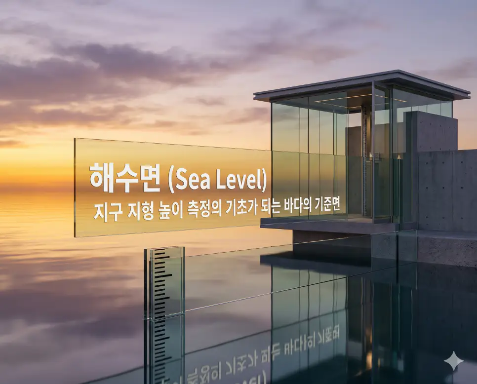 해수면 뜻을 설명하기 위해 수직 높이 측정의 기준이 되는 고요한 바다 표면과 정밀한 측정 장치를 담은 실사 이미지
