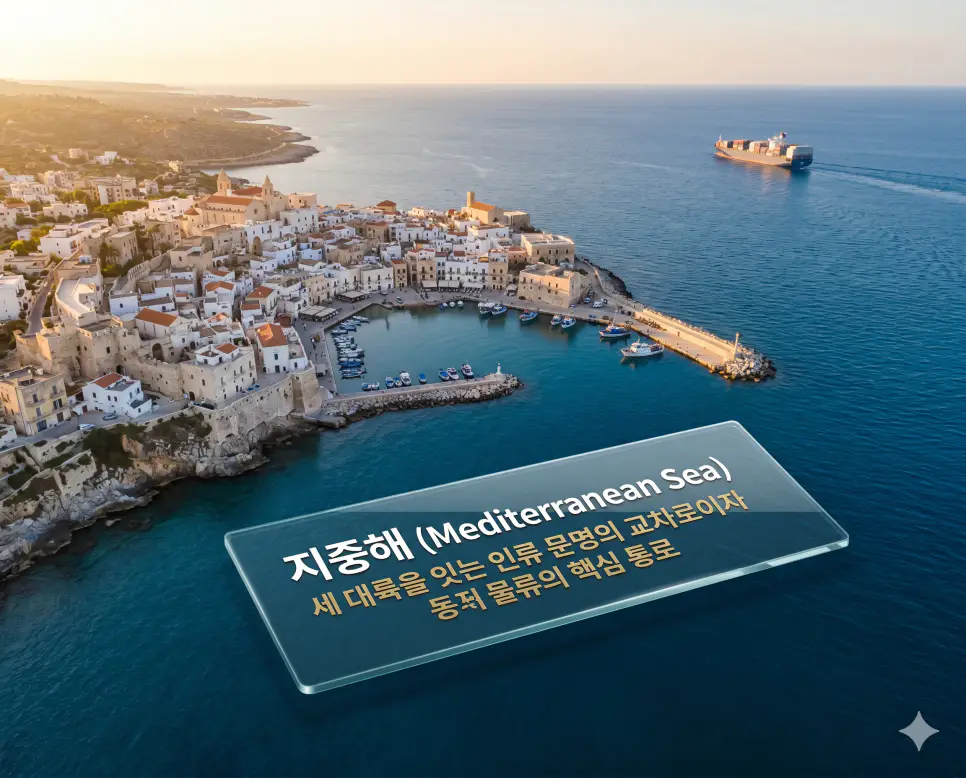 지중해 뜻, 부상 뜻, 예인선 뜻: 인류 문명의 통로와 선박 항해의 핵심 원리 분석 1 지중해 뜻을 설명하기 위해 푸른 바다와 고대 문명의 건축물이 어우러진 해안가 풍경의 고화질 실사 이미지