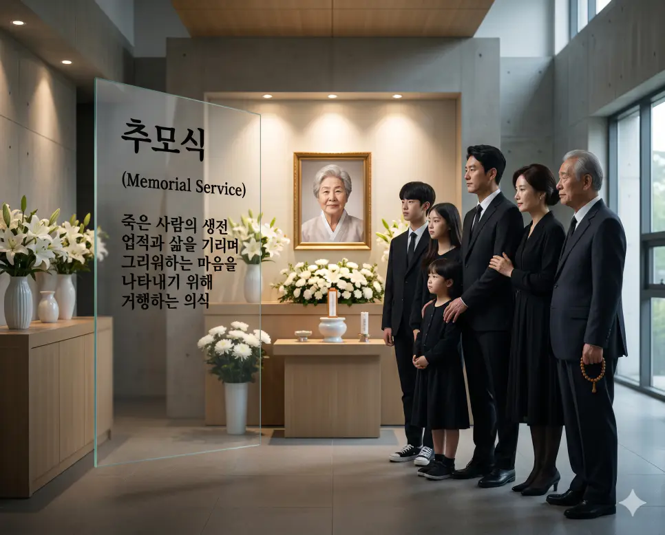 호스피스 병동 뜻, 웰다잉 뜻, 추모식 뜻: 존엄한 임종을 위한 완화의료와 아름다운 이별 준비 정리 3 추모식(Memorial Service)의 경건한 의식을 표현하기 위해, 하얀 백합으로 장식된 현대적인 추모홀에서 한국인 가족들이 그리움과 존경이 담긴 표정으로 고인의 영정을 바라보며 삶을 기리는 순간을 촬영한 고해상도 실사 이미지입니다. 죽은 사람을 그리워하고 업적을 추억하는 따뜻하고 엄숙한 의식 상황을 시각화했습니다.