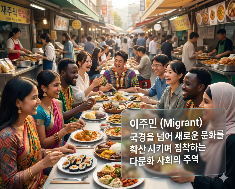 새터민 뜻, 이주민 뜻, 무연고자 뜻: 사회적 포용과 관심의 대상 2 이주민 뜻을 시각화하기 위해 다양한 문화적 배경을 가진 사람들이 조화롭게 어우러져 현대 다문화 사회를 구성하는 역동적인 장면을 담은 이미지
