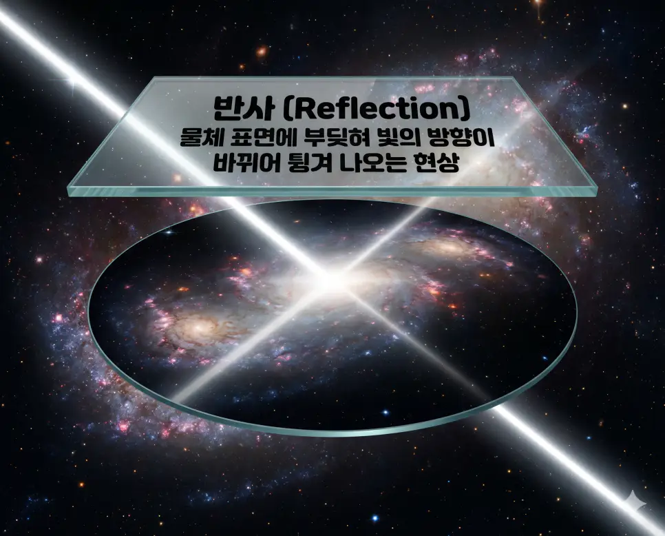 광속 뜻, 굴절 뜻, 반사 뜻: 빛의 속도 한계와 광학의 기본 원리 완벽 정리 3 반사 뜻을 설명하기 위해 빛이 매끄러운 표면에 부딪혀 동일한 각도로 튕겨 나오며 주변을 비추는 물리적 과정을 표현한 시각 자료