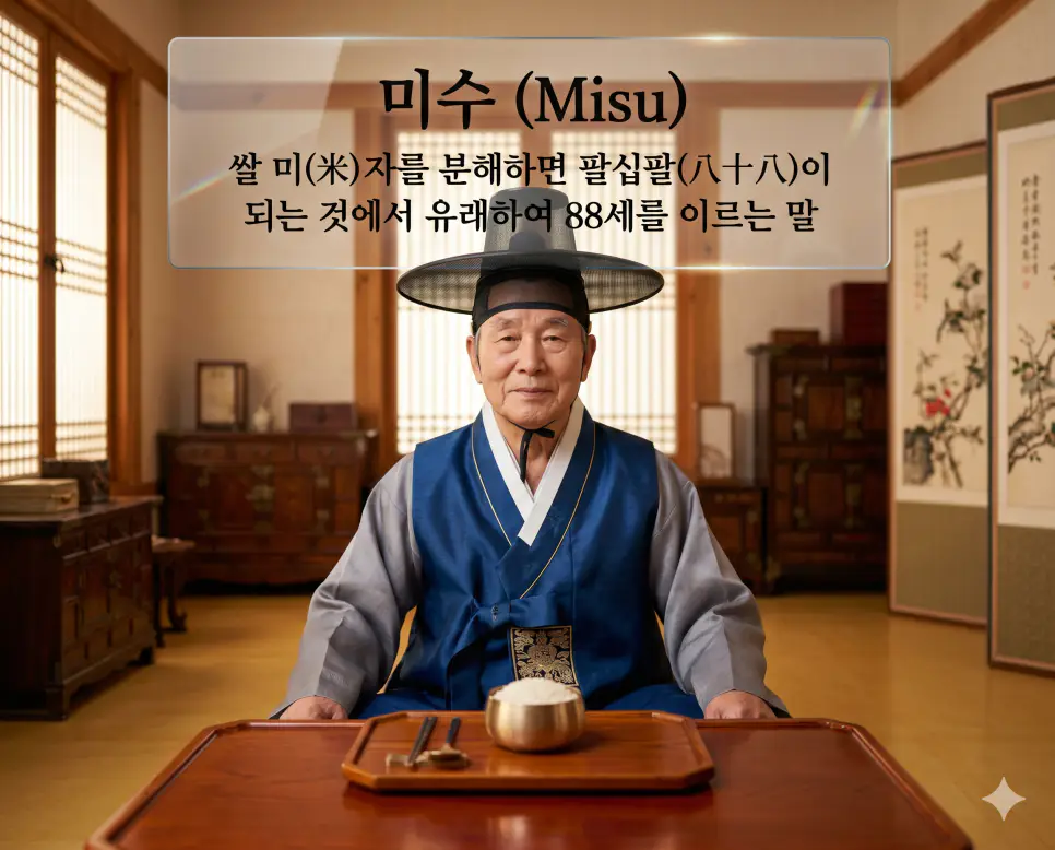 희수 뜻, 미수 뜻, 백수 뜻: 77세 88세 99세 장수를 축복하는 아름다운 우리말 명칭 정리 2 미수(Misu)의 88세 장수의 품격을 직관적으로 설명하기 위해, 정갈한 한옥 실내에서 깨끗한 한복을 차려입은 한국인 어르신이 쌀 미(米) 자의 의미를 되새기며 소박한 쌀 소반 앞에 앉아 평온하고 충만한 표정으로 앞을 응시하는 풍경을 촬영한 고해상도 실사 이미지입니다. 팔십팔 세를 맞이한 지혜로운 삶의 궤적과 안정감을 인물의 진중한 태도와 전통적인 배경 연출을 통해 한눈에 파악할 수 있도록 구현했습니다.