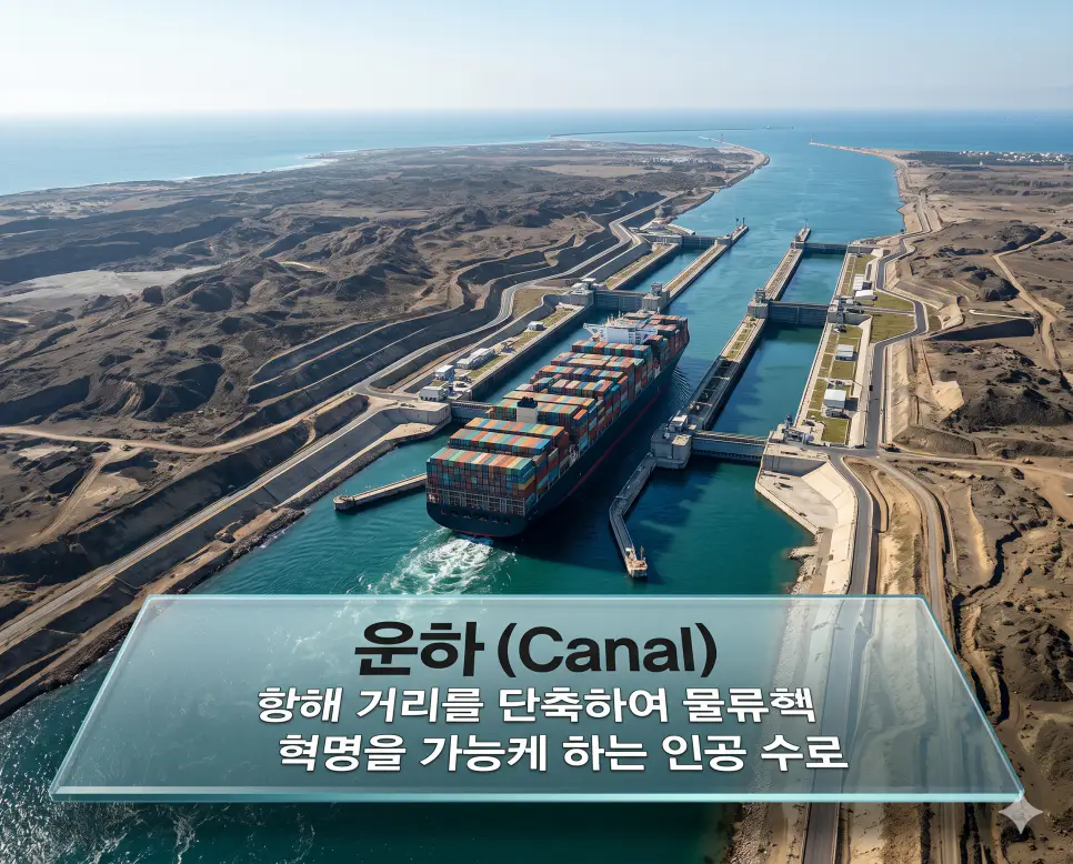 운하 뜻, 만 뜻, 기선 뜻: 물류 혁명의 통로와 해양 주권의 기준 전격 분석 1 운하 뜻을 설명하기 위해 육지를 가로질러 대형 컨테이너선이 항해하는 인공 수로의 웅장한 실사 이미지