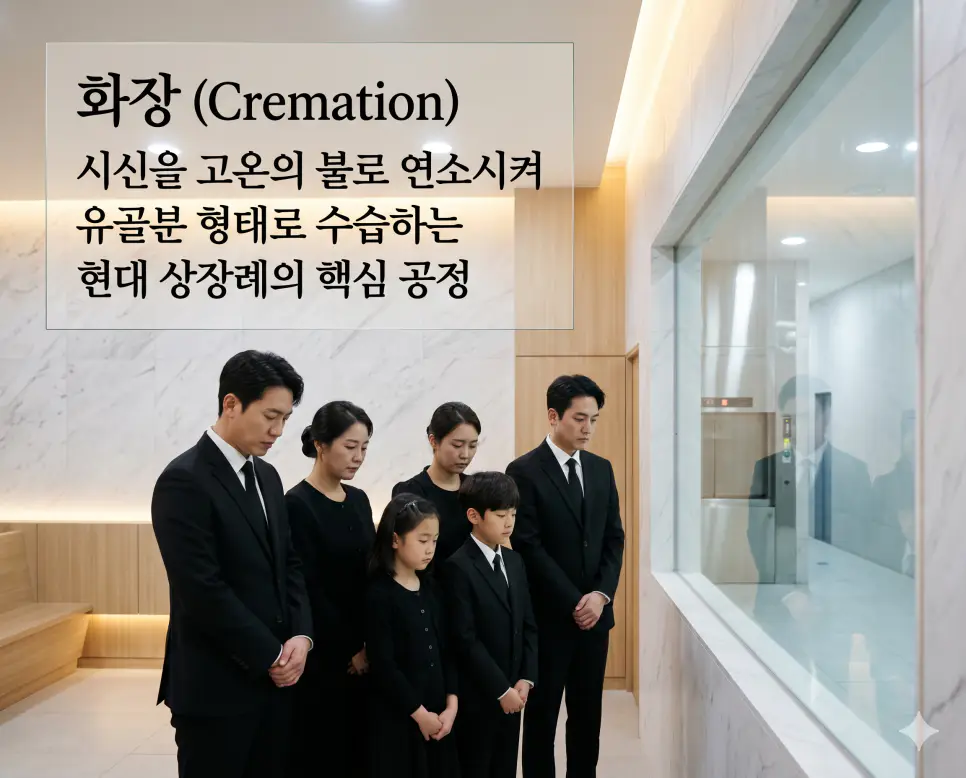화장(Cremation)의 현대적이고 정중한 절차를 직관적으로 설명하기 위해, 백대리석으로 마감된 깔끔하고 세련된 현대식 화장장 대기홀 안에서 검정 상복을 입은 한국인 유가족들이 깊은 슬픔과 예우를 담은 표정으로 고인의 마지막 정화 과정을 조용히 기다리고 있는 풍경을 촬영한 고해상도 실사 이미지입니다. 시신을 고온으로 연소시켜 유골분으로 수습하는 현대 상장례 핵심 공정의 엄숙함을 인물들의 진중한 모습과 정돈된 시설을 통해 한눈에 파악할 수 있도록 구현했습니다.