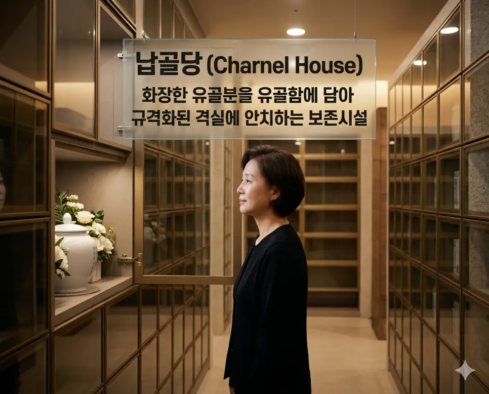 납골당(Charnel House)의 현대적이고 체계적인 보존 방식을 즉각적으로 인지할 수 있도록, 세련된 실내 봉안 시설 안에서 한 중년의 한국인 여성이 정갈하게 꽃으로 장식된 유리 격실 속에 안치된 하얀 도자기 유골함을 평온한 표정으로 바라보고 있는 장면을 촬영한 고해상도 실사 이미지입니다. 화장한 유골분을 규격화된 공간에 정중히 모시는 현대적 사후 안치 시설의 신뢰성과 정성을 인물의 시선과 정돈된 시설 내부를 통해 직관적으로 시각화했습니다.