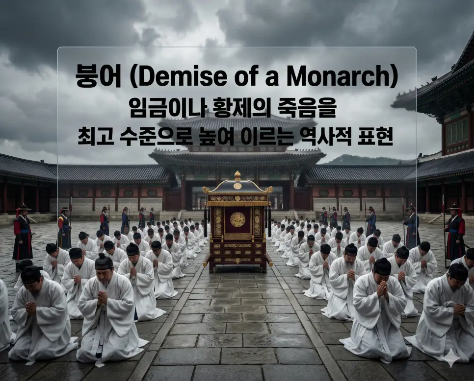 영면 뜻, 작고 뜻, 붕어 뜻: 사람의 죽음을 높여 이르는 최고 수준의 경칭 표현 정리 3 붕어(Demise of a Monarch)의 역사적이고 장엄한 개념을 즉각적으로 인지할 수 있도록, 웅장한 한국 전통 궁궐 마당 아래에서 흰색 상복을 입은 수많은 궁중 관리들이 비통한 표정으로 무릎을 꿇고 통곡하고 있으며 중앙에는 주인을 잃은 빈 어전 가마가 놓여 있는 모습을 묘사한 고해상도 실사 이미지입니다. 임금이나 황제의 서거를 최고 수준으로 높여 이르는 법정·역사적 언어의 무게감을 인물들의 집단적 슬픔과 궁궐의 압도적인 분위기를 통해 직관적으로 시각화했습니다.