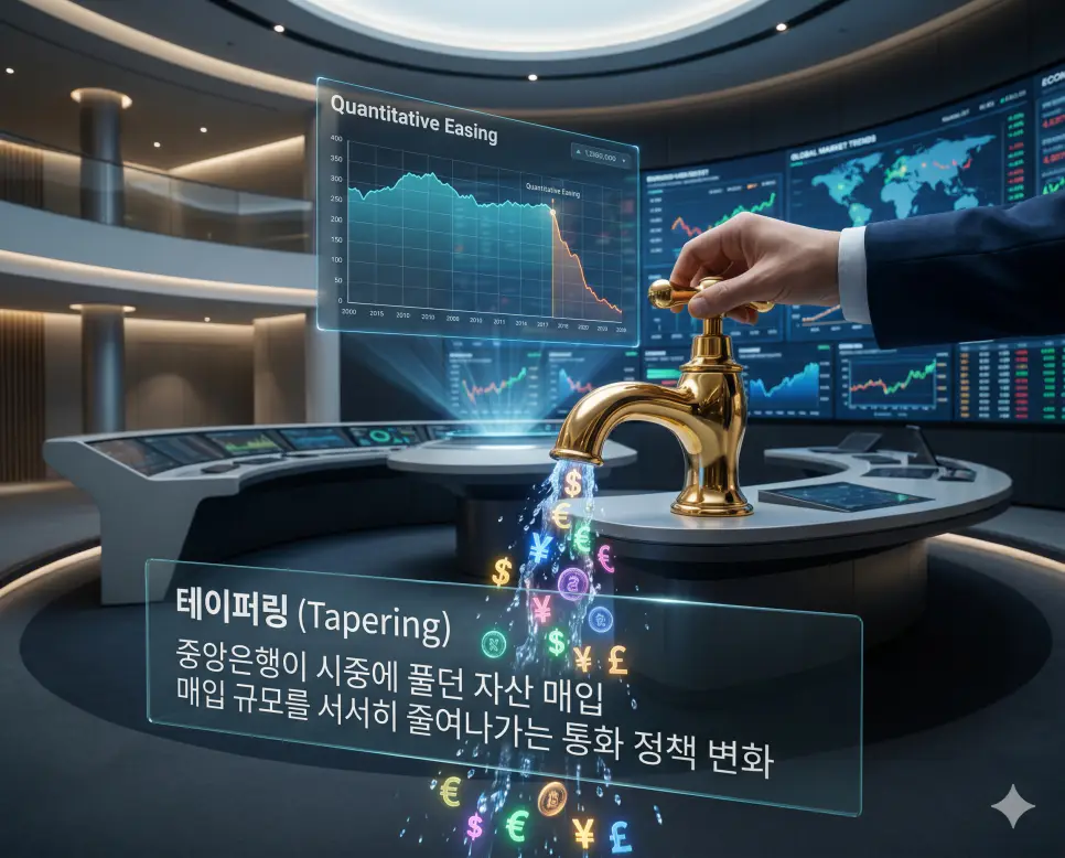 테이퍼링 뜻을 설명하기 위해 중앙은행이 시장에 공급하던 자금을 수도꼭지를 잠그듯 서서히 줄여나가는 통화 정책을 극초실사 이미지로 시각화한 자료