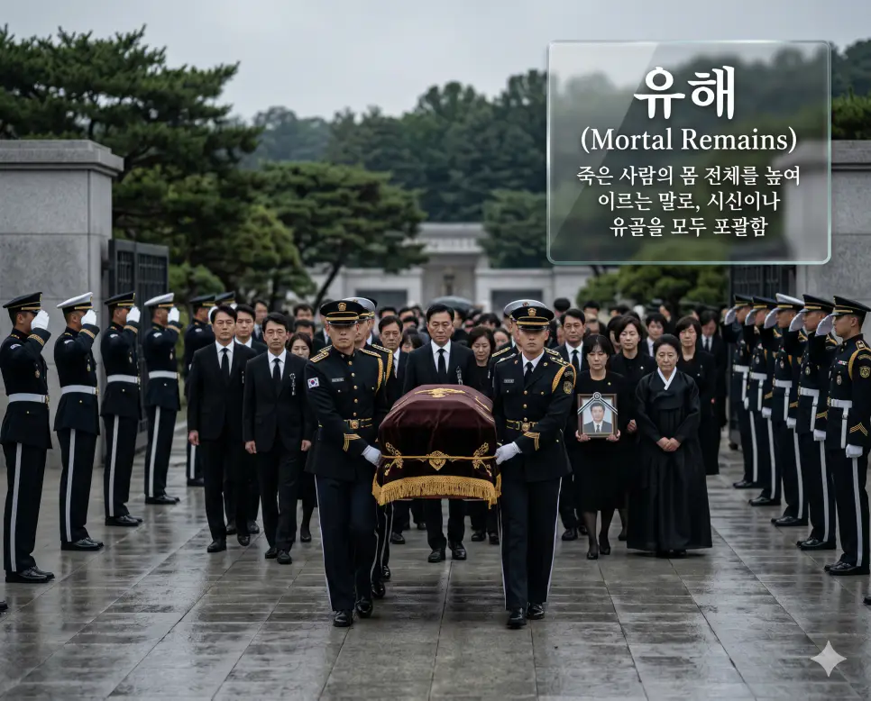 유해(Mortal Remains)의 최고 수준의 예우 개념을 직관적으로 설명하기 위해, 엄숙한 장례 행렬 도중 정중한 천으로 덮인 고인의 관을 예우를 갖춰 옮기고 있는 의장대와 상복을 입은 가족들의 장엄한 배웅 풍경을 촬영한 고해상도 실사 이미지입니다. 시신과 유골을 모두 포괄하여 고인의 몸 전체를 높여 배웅하는 사후 예법의 무게감을 인물들의 정중한 자세와 장례 절차를 통해 한눈에 파악할 수 있도록 구현했습니다.