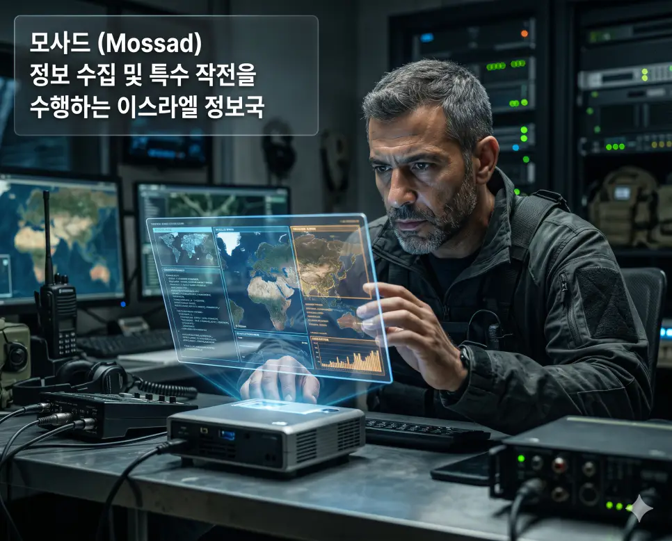 모사드 뜻을 설명하기 위해 비밀 거점에서 최첨단 장비로 첩보 정보를 분석하는 이스라엘 특수 요원의 날카로운 모습을 담은 고화질 실사 이미지