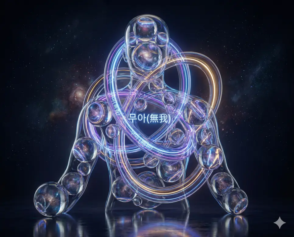 무상 뜻, 무아 뜻, 제법무아 뜻: 끊임없이 변화하는 우주 만물과 고정된 실체의 타파 2 무아 독립적 실체 타파 의미를 나타내기 위해 키워드가 은은하게 빛나는 네온 링 조형물과 크리스탈 구체들이 얽혀 사람의 형상을 이루는 초현실주의 개념 예술 모습
