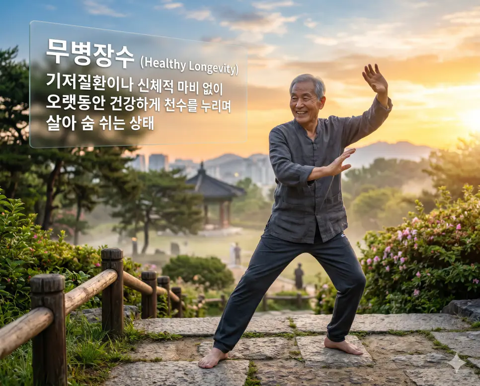 무병장수(Healthy Longevity)의 이상적인 건강 의미를 완벽하게 직관적으로 전달하기 위해, 찬란한 일출이 비치는 평화로운 공원에서 90대 한국인 어르신이 기운 넘치는 표정으로 우아한 태극권 동작을 선보이며 질병 없이 강인한 생명력을 발산하는 장면을 촬영한 고해상도 실사 이미지입니다. 기저질환 없이 천수를 누리는 삶의 환희를 인물의 역동적인 자세와 눈부신 아침 햇살을 통해 1초 만에 인지할 수 있도록 생생하게 구현했습니다.