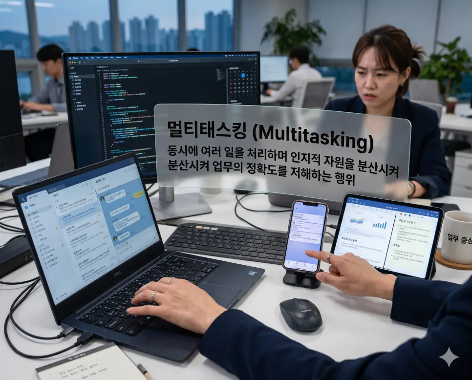 멀티태스킹 뜻을 설명하기 위해 동시에 여러 작업을 수행하며 뇌의 인지적 자원을 분산시켜 업무의 정확도를 저해하는 특징을 표현한 시각 자료