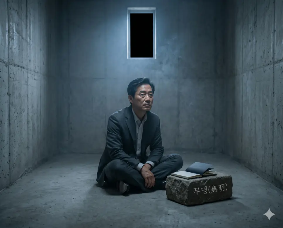 탐욕 뜻, 무명 뜻, 집착 뜻: 고통을 자아내는 근본적 무지와 마음의 병증 2 무명 근본적 무지 상태 의미를 시각화하기 위해 안개가 자욱한 콘크리트 방안에서 한 청년이 길을 잃고 고뇌하는 인물 실사 모습