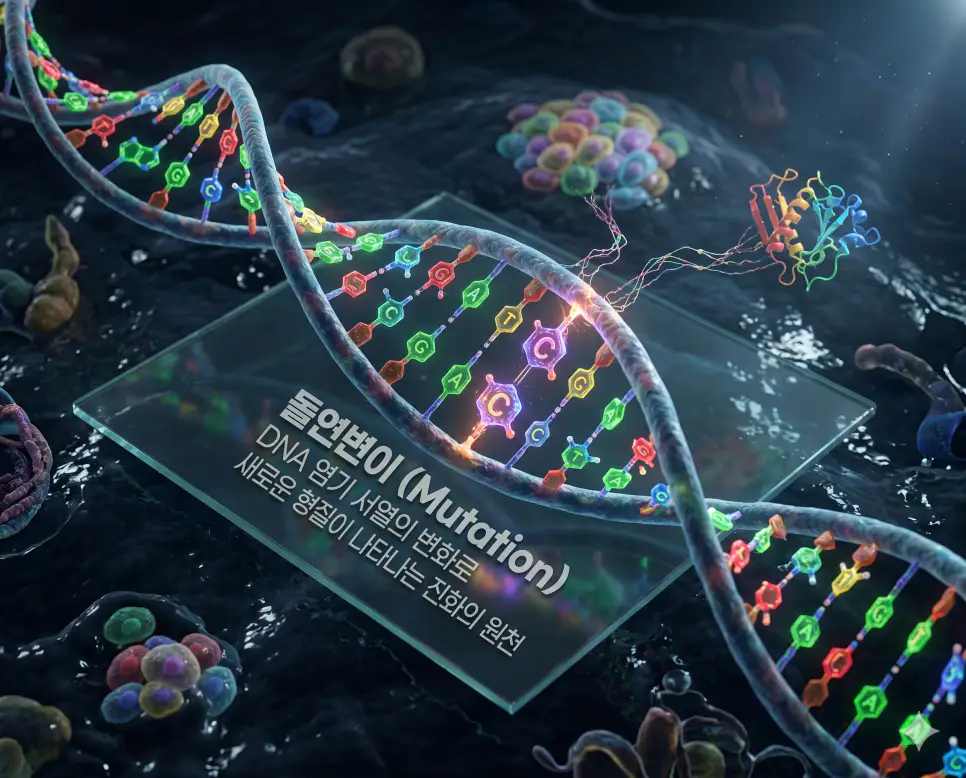DNA 뜻, 유전자 뜻, 돌연변이 뜻: 생명의 설계도와 유전 정보의 신비 3 돌연변이 뜻을 설명하기 위해 외부 요인이나 복제 오류로 DNA 서열에 변화가 생겨 새로운 생물학적 변이가 발생하는 과정을 표현한 시각 자료