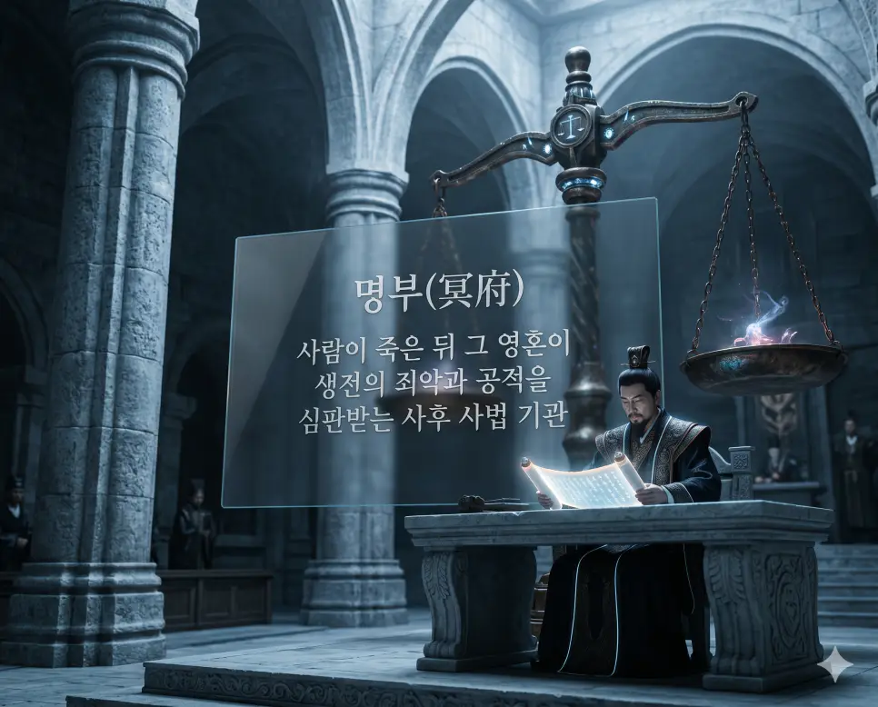저승 뜻, 황천 뜻, 명부 뜻: 사후 심판과 영혼이 머무는 지하 세계 완벽 정리 3 명부(冥府)의 사후 사법 기관 역할을 즉각적으로 인지할 수 있도록, 거대한 석조 기둥과 위엄 있는 정의의 천칭이 놓인 웅장한 법정에서 신성한 관리가 삶의 기록이 담긴 두루마리를 심판하는 장면을 촬영한 고해상도 실사 이미지입니다. 생전의 죄악과 공적을 가리는 엄숙한 분위기를 사실적인 그림자와 빛의 대비를 통해 구현했습니다.