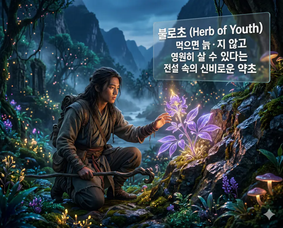 득도 뜻, 선도 뜻, 불로초 뜻: 우주 진리의 깨달음과 도교 양생술 및 영생의 약초 정리 3 불로초(Herb of Eternal Youth)의 신비로운 전설을 즉각적으로 인지할 수 있도록, 형광빛 식물들이 자라나는 깊은 산속 비밀스러운 계곡에서 신비로운 보랏빛 아우라를 내뿜으며 바위틈에 피어난 영생의 약초를 경외심 가득한 표정으로 조심스럽게 살피는 구도자의 모습을 촬영한 고해상도 실사 이미지입니다. 먹으면 늙지 않는다는 전설 속 약초의 신비로움을 식물의 환상적인 조명 연출과 신비로운 배경을 통해 직관적으로 시각화했습니다.