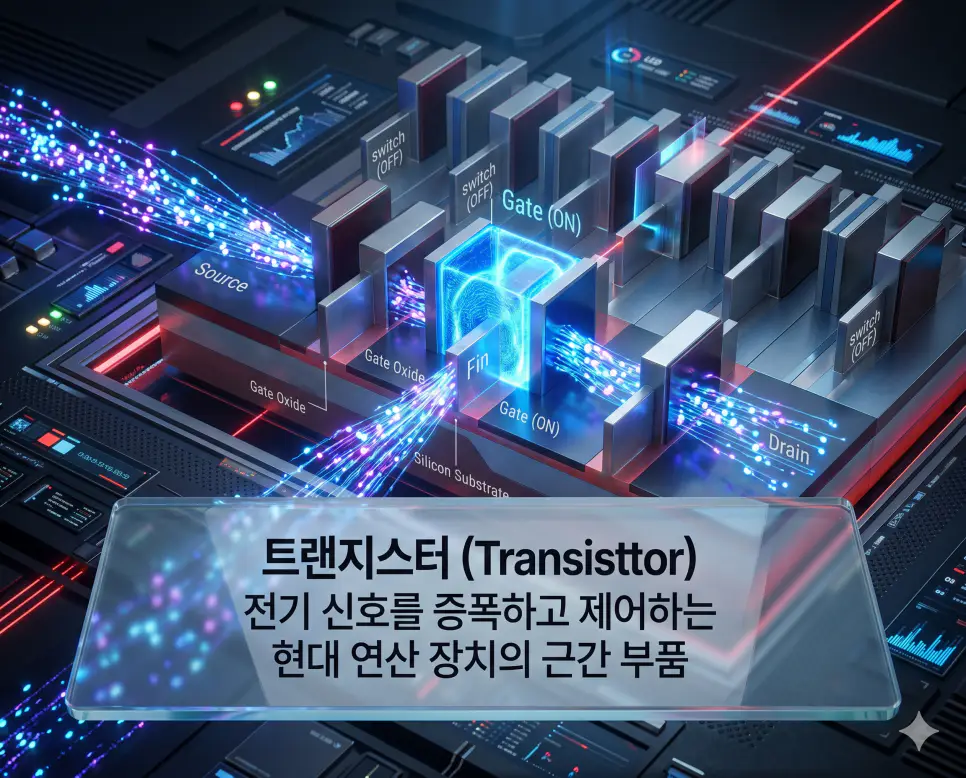 트랜지스터 뜻을 설명하기 위해 컴퓨터 칩 내부에서 전기 신호를 초고속으로 제어하고 증폭하는 나노미터 규모의 소자 구조를 담은 이미지