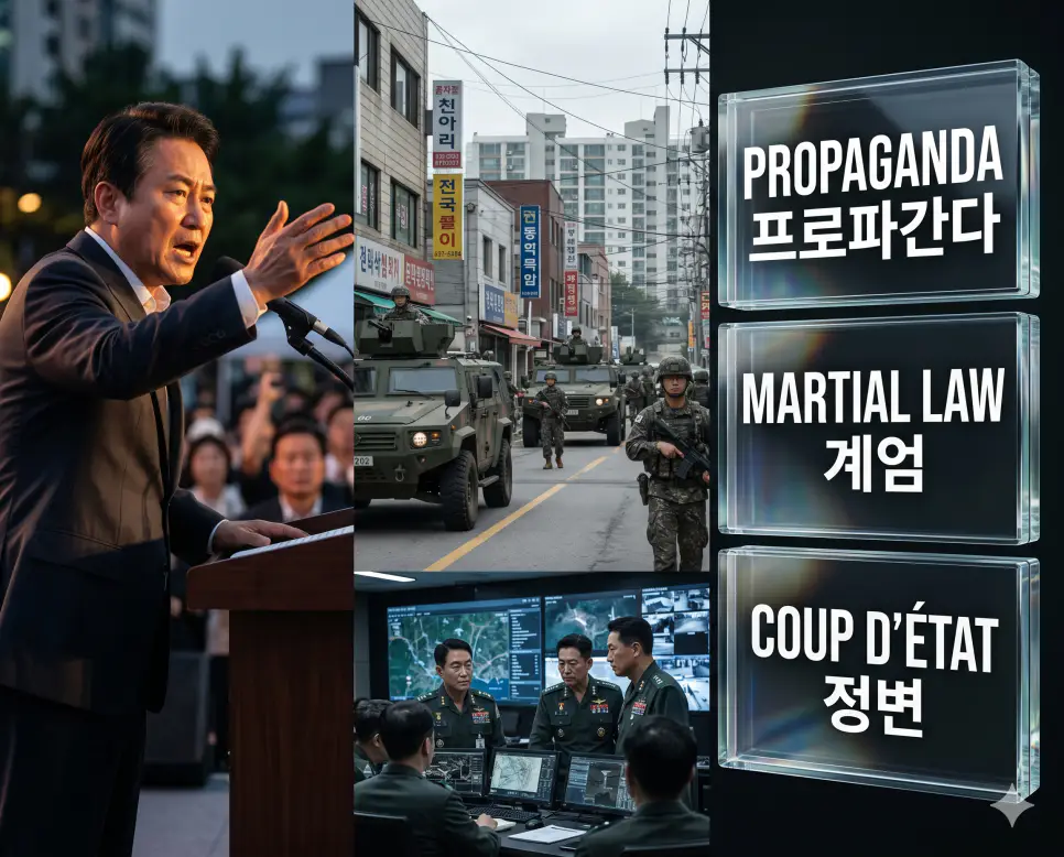 프로파간다 뜻, 계엄 뜻, 정변 뜻: 대중 선전 활동과 국가 비상사태 조치 및 비합법적 정권 탈취 확인 4 한국인 전문가와 함께 프로파간다, 계엄, 정변의 정치적 역학과 비상사태 관리 방안을 분석하여 국가 권력의 변동을 진단하는 역대급 비주얼 포스터 이미지