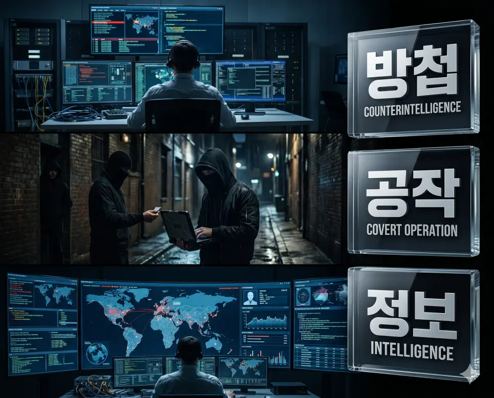방첩 뜻, 공작 뜻, 정보 뜻: 국가 기밀 방어 활동과 은밀한 비밀 작전 및 분석된 지식 자산 확인 4 한국인 전문가와 함께 방첩, 공작, 정보의 개념과 국가 안보에서의 역할을 분석하여 현대 첩보전의 방어와 공격 체계를 진단하는 역대급 비주얼 포스터 이미지