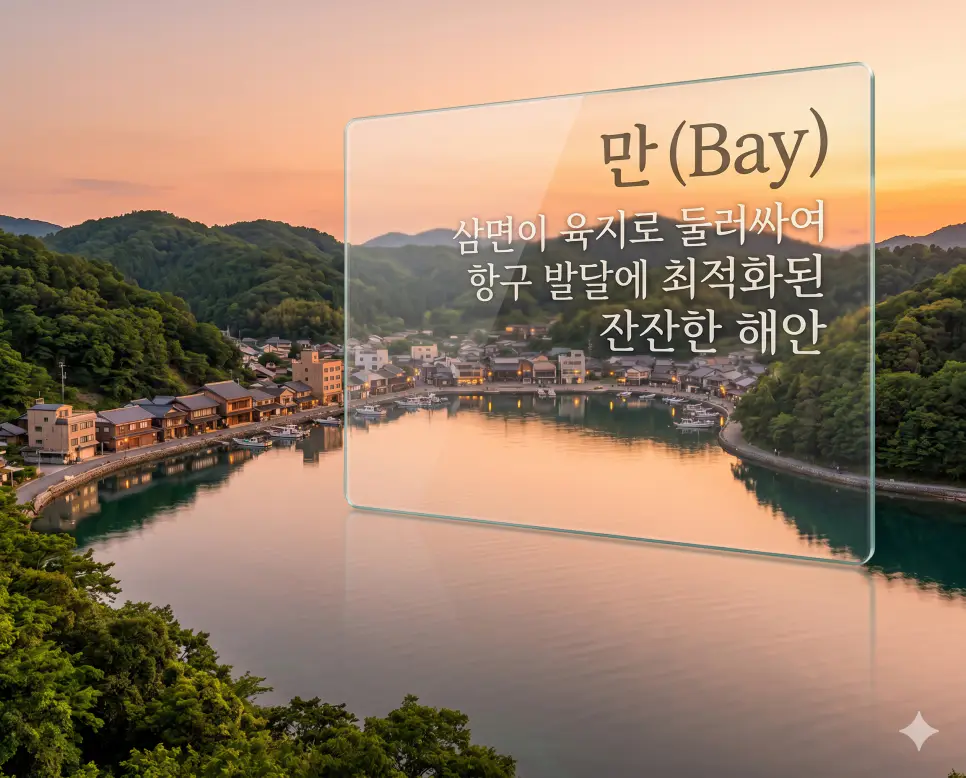 운하 뜻, 만 뜻, 기선 뜻: 물류 혁명의 통로와 해양 주권의 기준 전격 분석 2 만 뜻을 시각화하기 위해 삼면이 육지로 감싸여 파도가 잔잔한 천혜의 항구 지형을 담은 고화질 사진