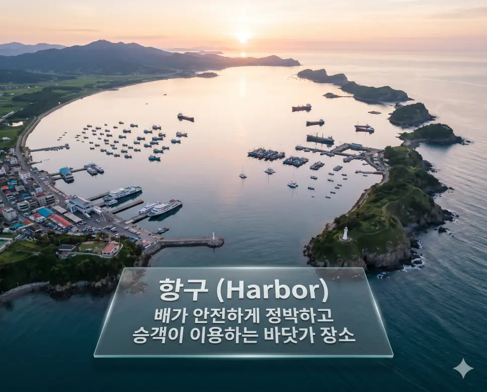 항구 뜻을 시각화하기 위해 파도로부터 선박을 보호하는 천혜의 지형과 평화로운 바닷가 정박지 사진
