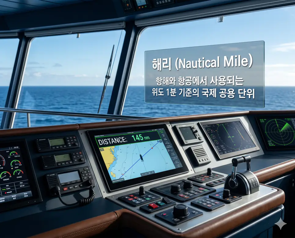 해리 뜻을 설명하기 위해 선박의 최첨단 내비게이션 화면에 표시된 국제 공용 거리 단위를 담은 실사 이미지